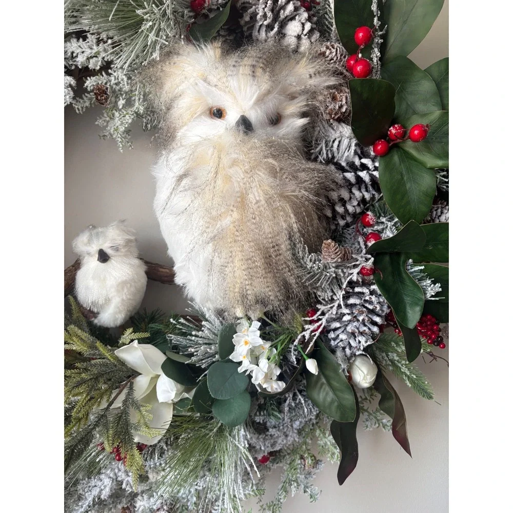 Woodland Owl Christmas Wreath Frosted Pinecone Berry Grapevine‎ Holiday Decor